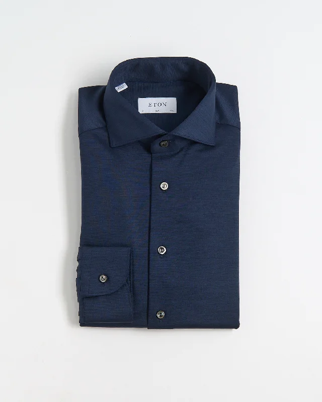 Navy Blue Solid Knitted Merino Slim Shirt