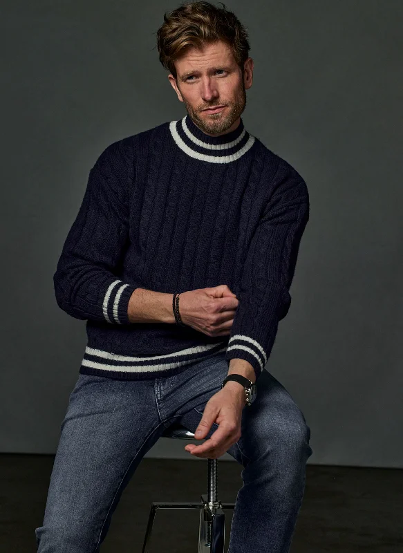 Men's Oslo Cashmere Mock-Neck Cable Sweater in Navy