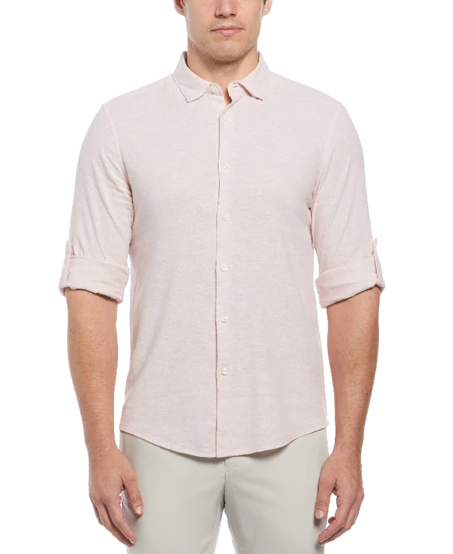 Untucked Slim Fit  Linen Blend Rolled Sleeve Shirt - Pink