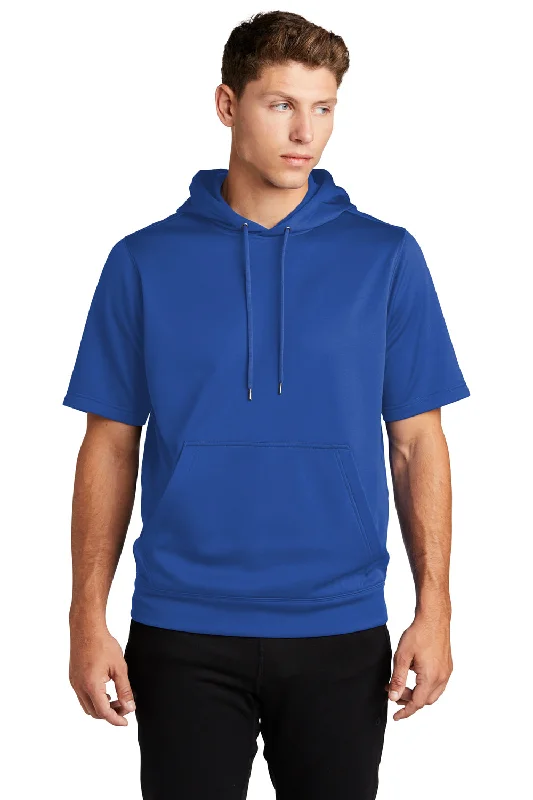 Sport-Tek Mens Moisture Wicking Fleece Short Sleeve Hooded Sweatshirt Hoodie w/ Pouch Pocket - True Royal Blue