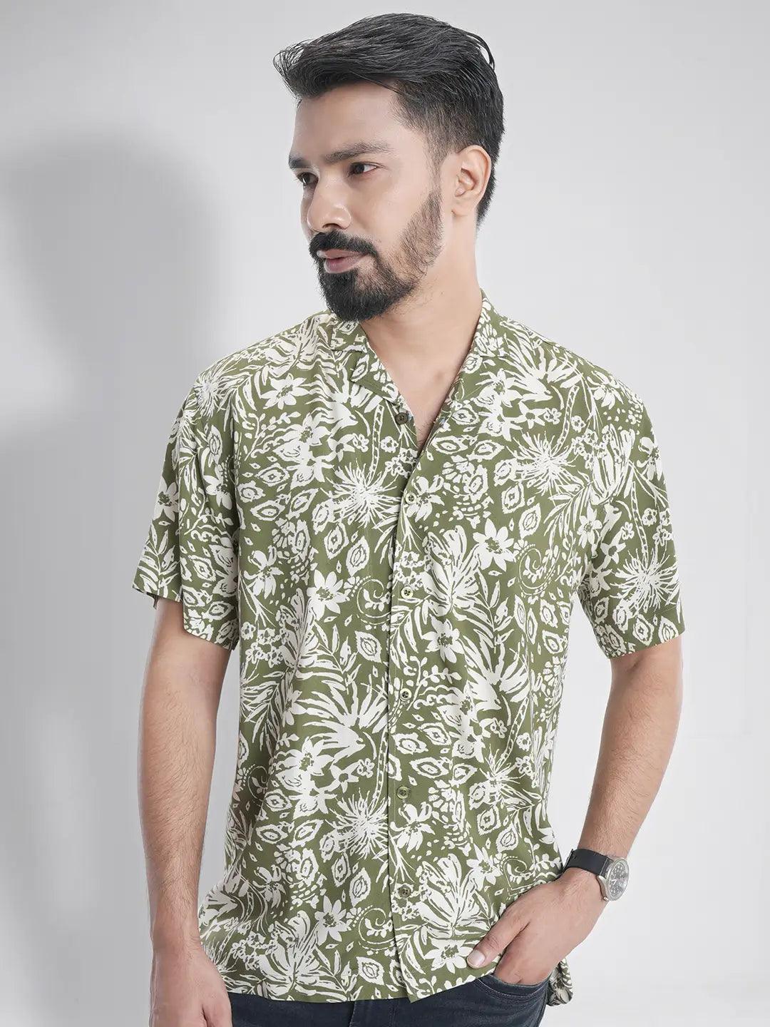 Men's Short Sleeve Camp Collar Casual in Olive Floral Print Shirt