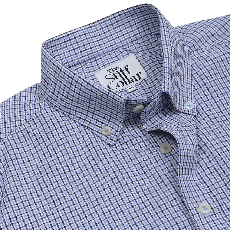 Navy Blue Microcheck Button Down Cotton Blend Shirt