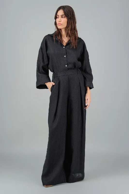 Deal of the Day Zera Maxi Linen Wide Leg Pants Black