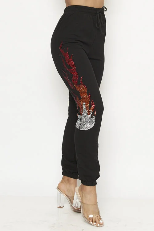 Weekend Offers That Dazzle Rhinestone Flames Detail Elastic Waist Jogger Pants (51P21236)Y