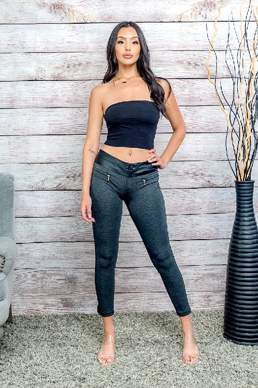 Weekend Savings Spectacular Low Rise Cropped Pants with Front Zip Mock Pockets, Contrast PU Leather Waistband and Back (HP9016)