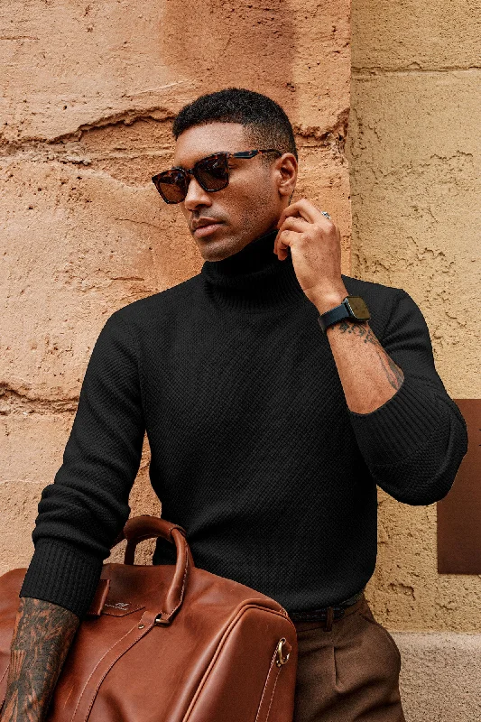 Men Turtleneck Sweater Long Sleeve Ribbed Cuff Textured Pullover Jumper