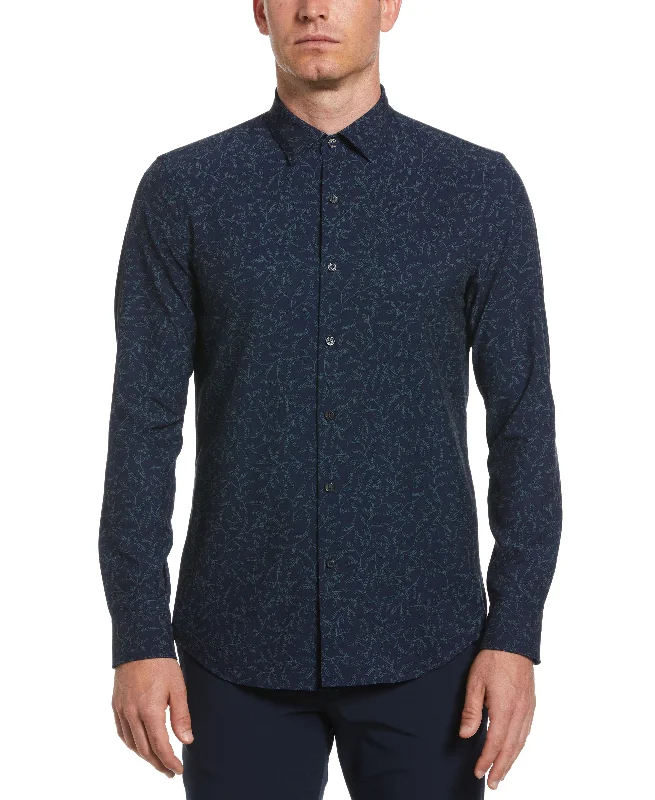 Untucked Total Stretch Slim Fit Leaf Print Shirt - Navy Blue