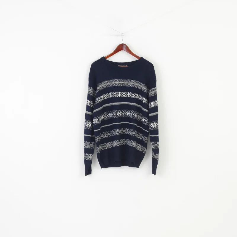 Lupa Men XL Jumper Navy Acrylic Nordic Crew Neck Menswear Geomteric Print  Sweater