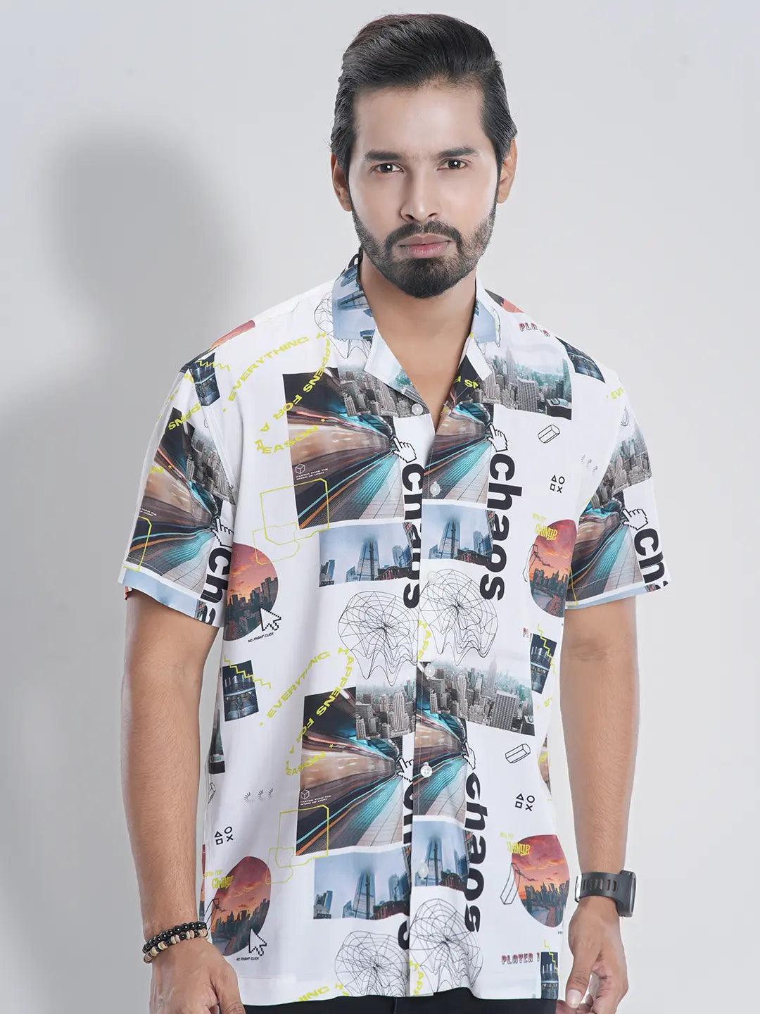 Men's Short Sleeve Camp Collar Casual in Digital Print Shirt