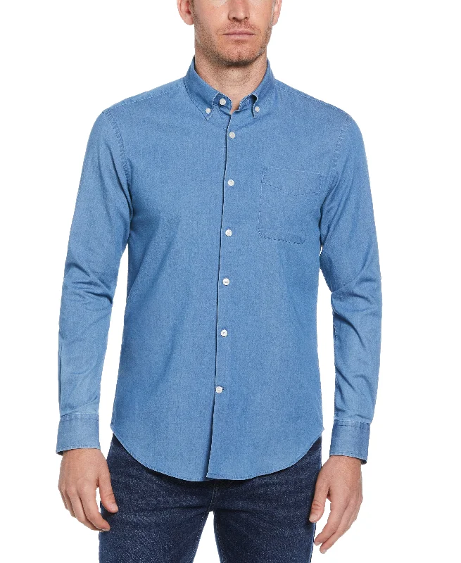 Slim Fit Denim-Like Button Down Woven Shirt