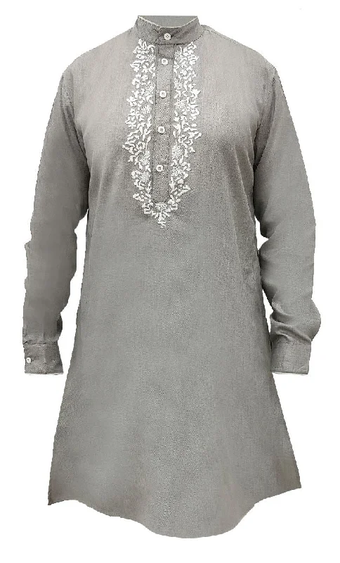 Men's Everyday wear Grey Embroidered Kurta With Pockets