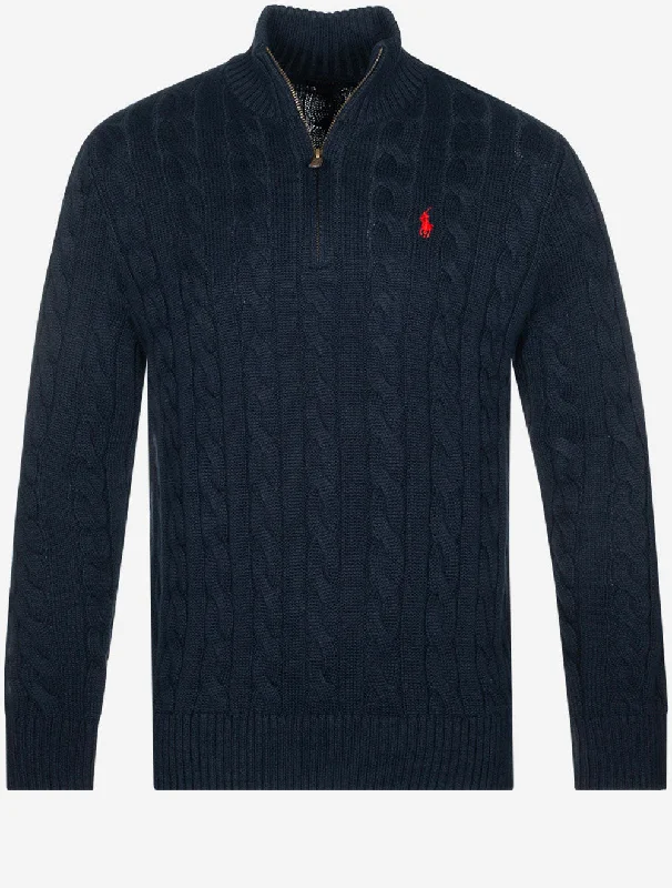 Pullover mit Zopfmuster und halbem Reißverschluss, Cruise Navy