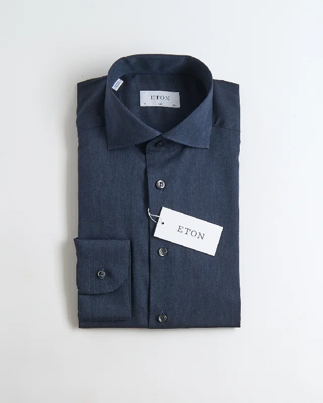 Navy Blue Herringbone Wrinkle Free Flannel Slim Shirt