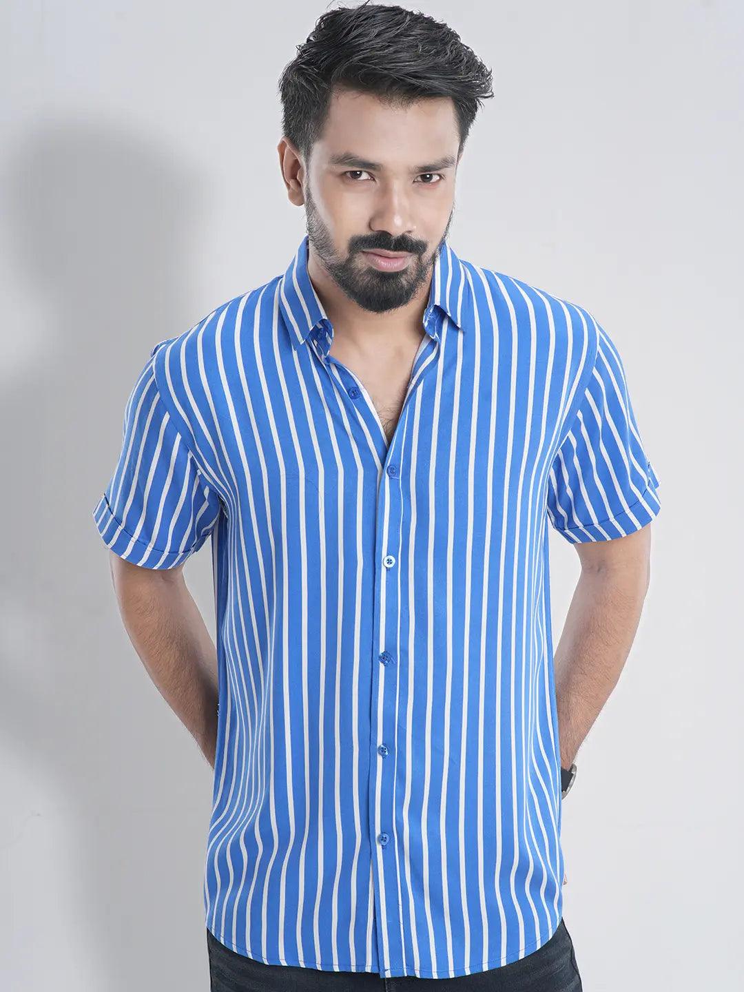 Men's Short Sleeve Casual Shirt in Stripe Azure Blue