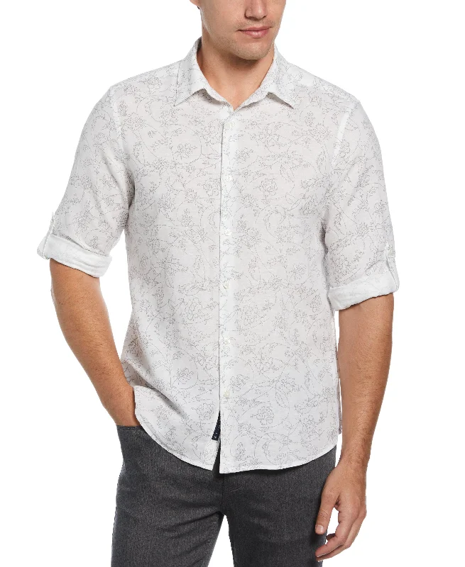 Untucked Linen Blend Roll Sleeve Vine Print Shirt