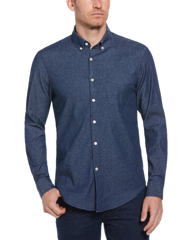 Slim Fit Denim-Like Button Down Woven Shirt