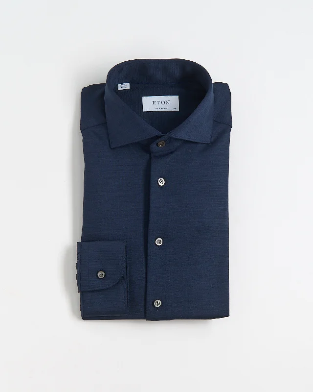 Navy Blue Solid Knitted Merino Contemporary Shirt