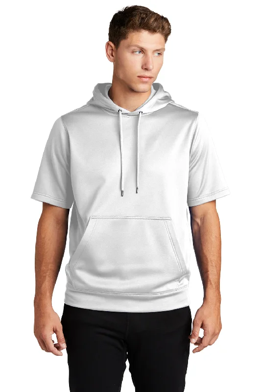 Sport-Tek Mens Moisture Wicking Fleece Short Sleeve Hooded Sweatshirt Hoodie w/ Pouch Pocket - White