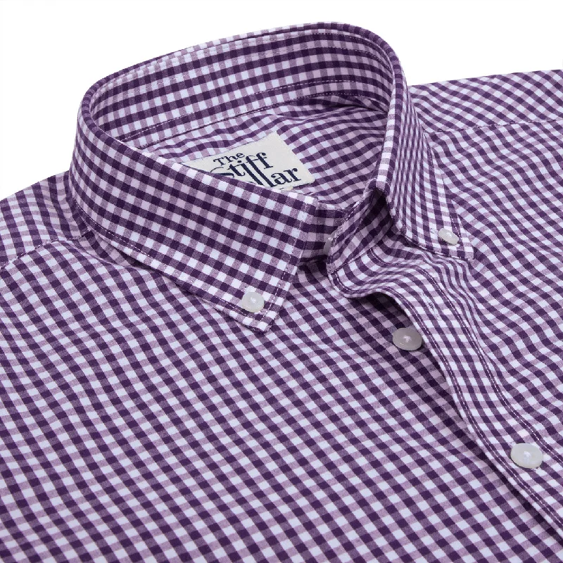 Purple Gingham Checks Button Down Cotton Blend Shirt