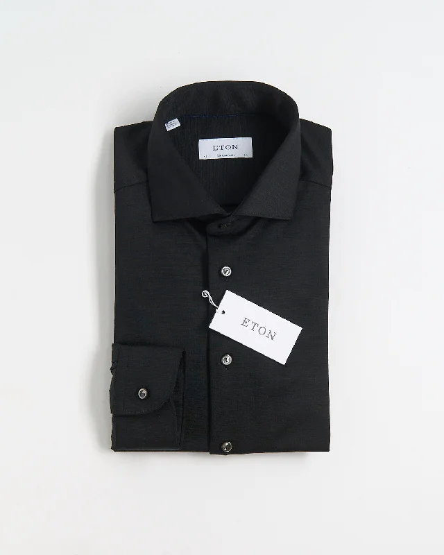 Black Solid Knitted Merino Contemporary Shirt