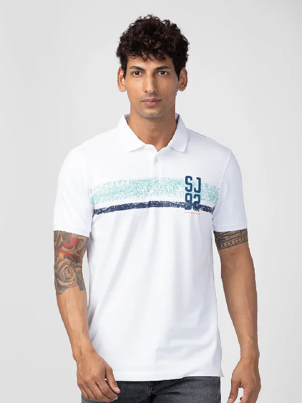 Spykar Men White Cotton Regular Fit Half Sleeve Printed Polo T-Shirt