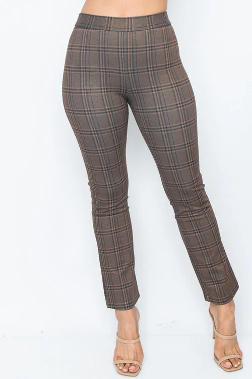 Stock Up Cropped Dress Pants with Stretch Waistband in Honey Brown Plaid (PH23950)