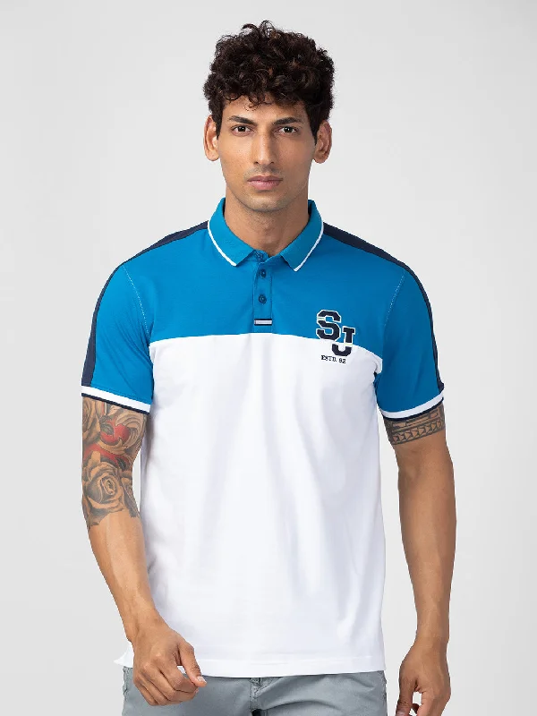 Spykar Men Urban Blue Cotton Regular Fit Half Sleeve Printed Polo T-Shirt