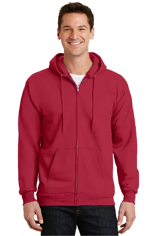 Port & Company Mens Essential Pill Resistant Fleece Full Zip Hooded Sweatshirt Hoodie w/ Pockets - Red