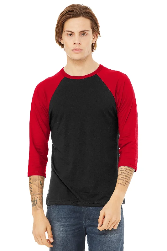 Bella + Canvas Mens 3/4 Sleeve Crewneck T-Shirt - Black/Red