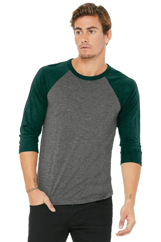 Bella + Canvas Mens 3/4 Sleeve Crewneck T-Shirt - Grey/Emerald Green