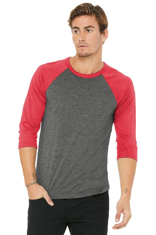 Bella + Canvas Mens 3/4 Sleeve Crewneck T-Shirt - Grey/Light Red