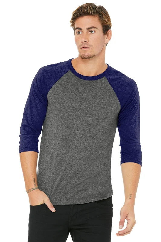 Bella + Canvas Mens 3/4 Sleeve Crewneck T-Shirt - Grey/Navy Blue