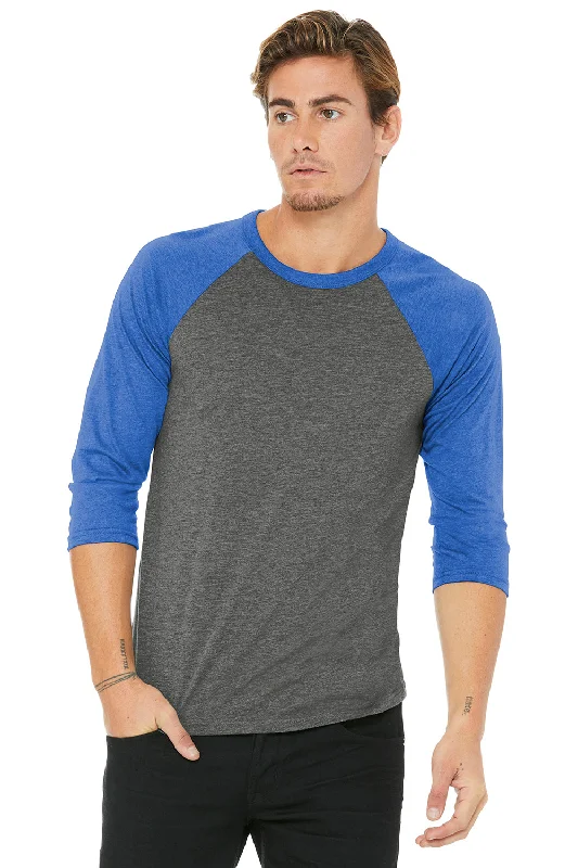 Bella + Canvas Mens 3/4 Sleeve Crewneck T-Shirt - Grey/Royal Blue