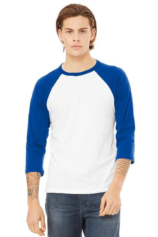 Bella + Canvas Mens 3/4 Sleeve Crewneck T-Shirt - White/Royal Blue