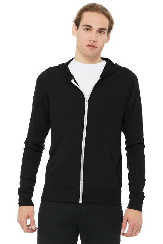 Bella + Canvas Mens Full Zip Long Sleeve Hooded T-Shirt Hoodie - Solid Black