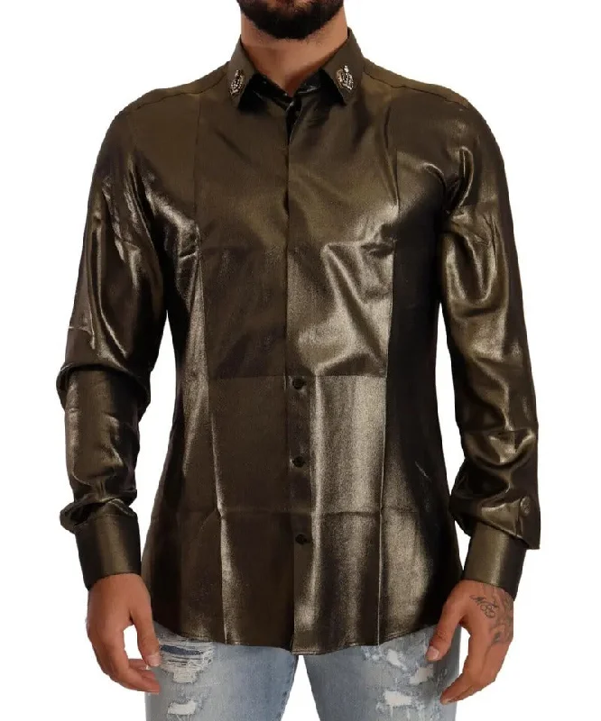 Dolce & Gabbana Metallic  DG Embroide Crown Silk Top Men's Shirt (Pre-Owned)