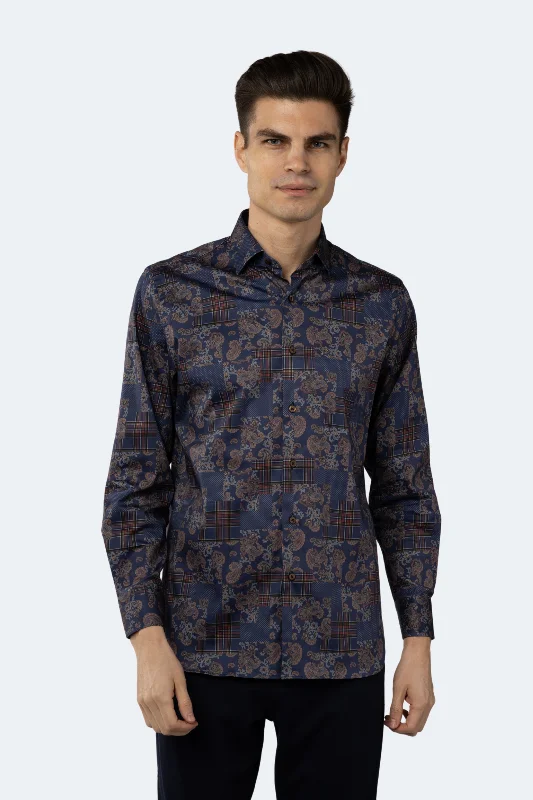 Navy with Red Plaid Squares Paisley Shirt