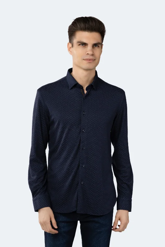 Navy Woven Jacquard Boxed Solid Shirt